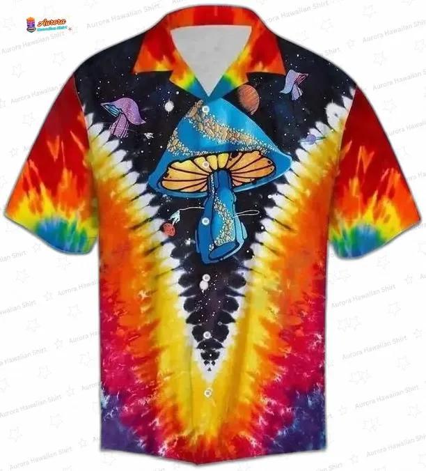 Rainbow Tie Dye Psychedelic Hawaiian Shirt with Magic Mushroom Art for Festivals Rainbow Tie Dye Psychedelic Hawaiian Shirt with Magic Mushroom Art for Festivals