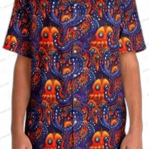 Psychedelic Monster Octopus Hawaiian Shirt, Orange Purple Aloha Button-Up for Festival Vacation Gift