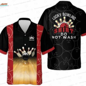 Custom Lucky Strike Bowling Hawaiian Shirt, Black Red Vintage Alley Aloha Button-Up for Bowler Gift