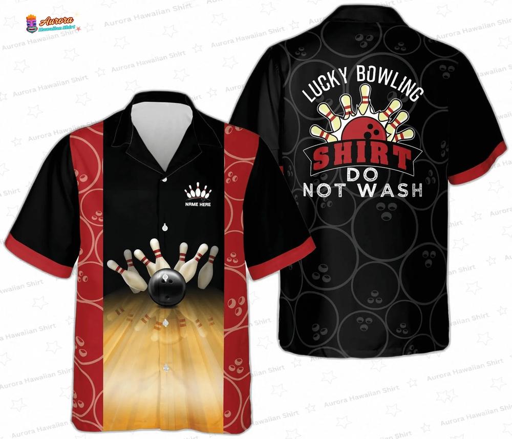 Custom Lucky Strike Bowling Hawaiian Shirt, Black Red Vintage Alley Aloha Button-Up for Bowler Gift Custom Lucky Strike Bowling Hawaiian Shirt, Black Red Vintage Alley Aloha Button-Up for Bowler Gift