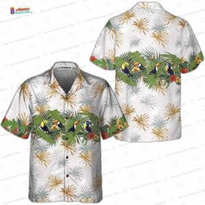 Retro Toucans And Tropical Plants Toucan Hawaiian Shirt, Light Aloha Button-Up for Bird Lover Vacation Gift