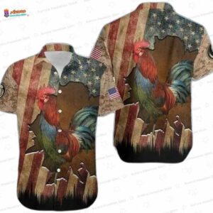 Rustic Americana Rooster Hawaiian Shirt, Vintage Flag Aloha Gift
