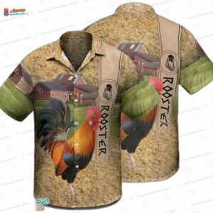 Barnyard Rooster Hawaiian Shirt, Rustic Hayfield Farm Button-Up