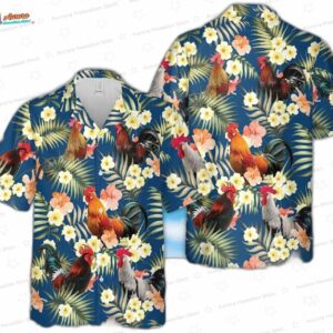 Blue Floral Rooster Hawaiian Shirt, Summertime Farmhouse Button-Up