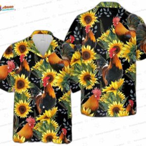 Golden Sunflower Rooster Hawaiian Shirt, Black Floral Aloha Gift