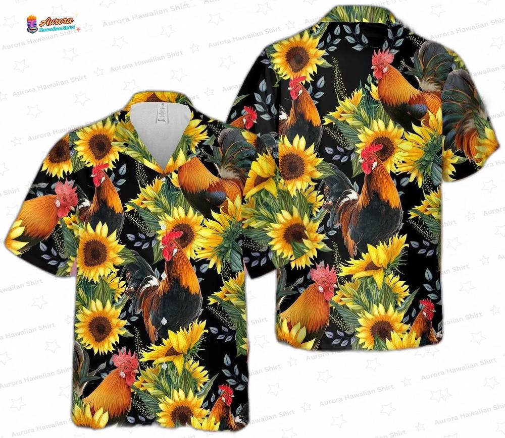 Golden Sunflower Rooster Hawaiian Shirt, Black Floral Aloha Gift Golden Sunflower Rooster Hawaiian Shirt, Black Floral Aloha Gift