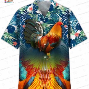 Rainbow Tail Rooster Hawaiian Shirt, Tropical Jungle Statement Button-Up