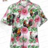 Blue Floral Rooster Hawaiian Shirt, Summertime Farmhouse Button-Up