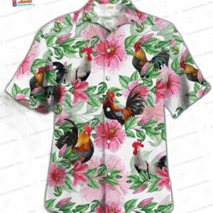 Pink Hibiscus Rooster Hawaiian Shirt, Farm Animal Aloha Gift