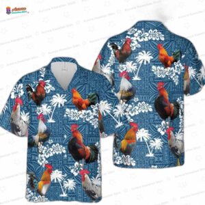 Tribal Blue Rooster Hawaiian Shirt, Vibrant 3D Island Button-Up