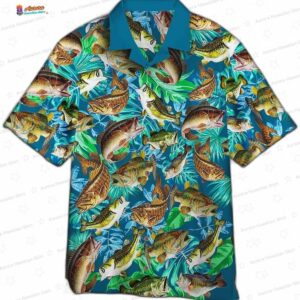 Seamless Bass Fish Pattern Fish Hawaiian Shirt, Unisex Aloha Fishing Button-Up for Angler Vacation Gift