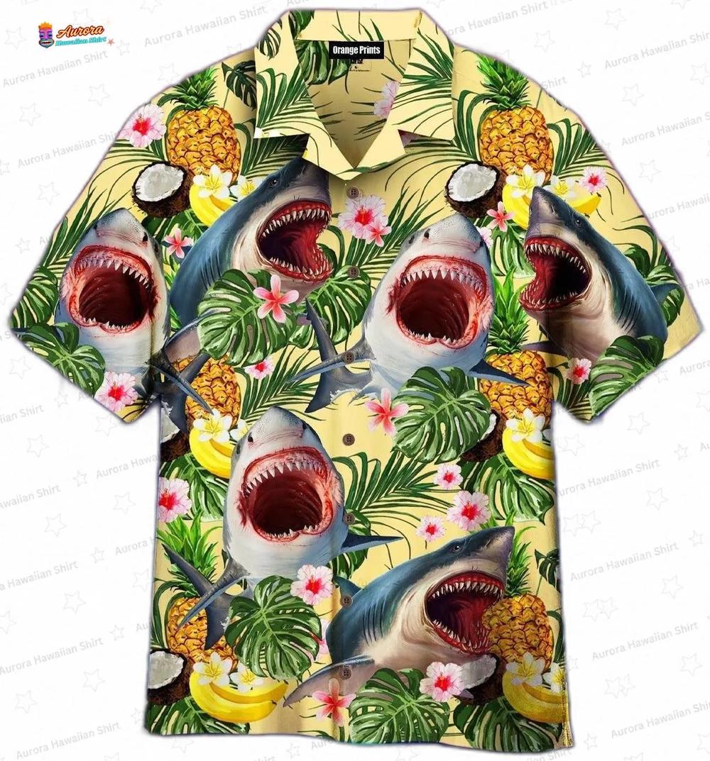 Shark Attack Pineapple Hawaiian Shirt, Short Sleeve Aloha Beach Outfit Shark Attack Pineapple Hawaiian Shirt, Short Sleeve Aloha Beach Outfit