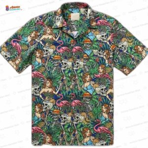Skeleton Flamingo Print Hawaiian Shirt, Tropical Skull Aloha Button-Up for Halloween Vacation Gift