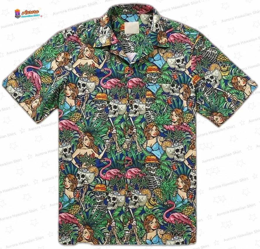 Skeleton Flamingo Print Hawaiian Shirt, Tropical Skull Aloha Button-Up for Halloween Vacation Gift Skeleton Flamingo Print Hawaiian Shirt, Tropical Skull Aloha Button-Up for Halloween Vacation Gift