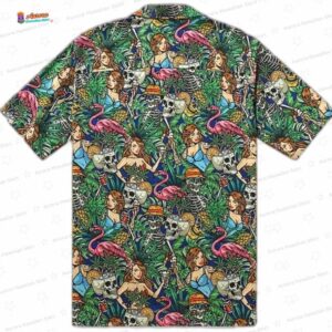Skeleton Flamingo Print Pocket Short Sleeve Hawaiian Shirt 1