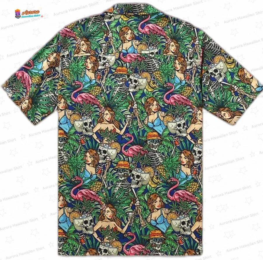 Skeleton Flamingo Print Hawaiian Shirt, Tropical Skull Aloha Button-Up for Halloween Vacation Gift Skeleton Flamingo Print Hawaiian Shirt, Tropical Skull Aloha Button-Up for Halloween Vacation Gift