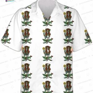 Skeleton Hippie Psychedelic Sunflower Hawaiian Shirt, White Boho Aloha Button-Up for Festival Gift