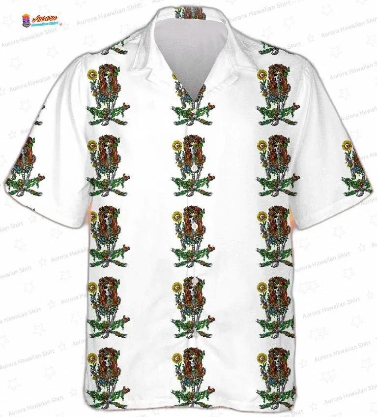 Skeleton Hippie Psychedelic Sunflower Hawaiian Shirt, White Boho Aloha Button-Up for Festival Gift Skeleton Hippie Psychedelic Sunflower Hawaiian Shirt, White Boho Aloha Button-Up for Festival Gift