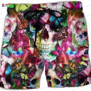 Skull Love Life Floral Hawaiian Beach Shorts, Butterfly Tropical Vacation Shorts for Summer Gift