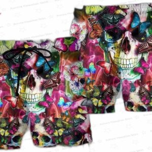 Skull Love Life Floral Hawaiian Beach Shorts 1