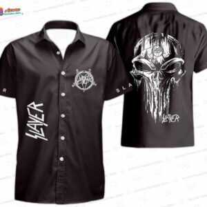Slayer Black Out Hawaiian Shirt – Monochrome Skull Metal Button-Up