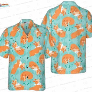 Aqua Nap Time Corgi Hawaiian Shirt, Cute Sleeping Dog Aloha Button-Up for Pet Lover Gift