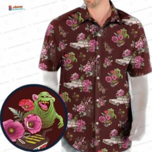 Floral Slimer Ghostbusters Hawaiian Shirt with Ecto-1 Print for Movie Fans