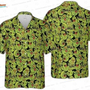 Slimer Ghostbusters Hawaiian Shirt, Green Ghost Print Aloha Button-Up for Movie Fan Vacation Gift