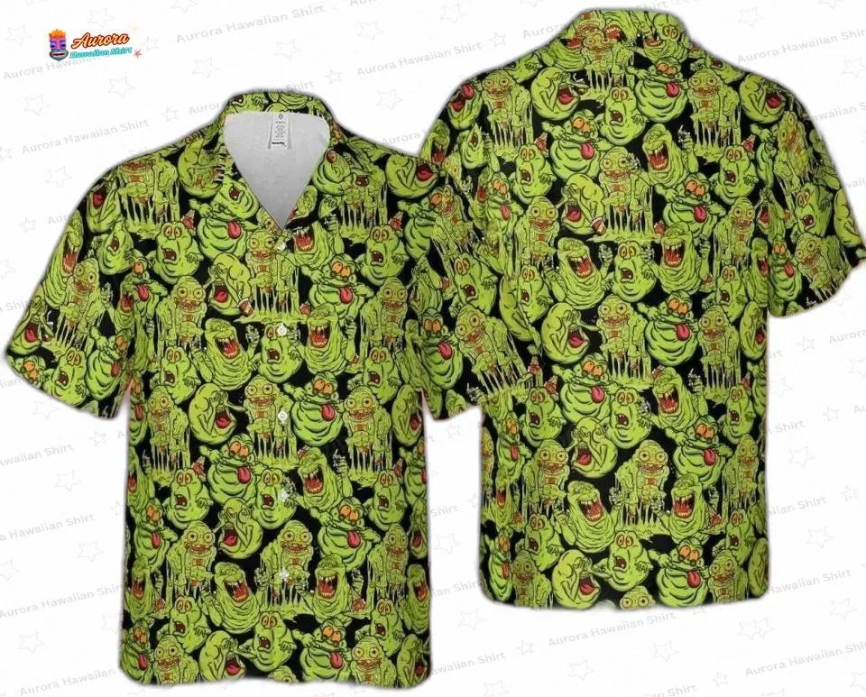 Slimer Ghostbusters Hawaiian Shirt, Green Ghost Print Aloha Button-Up for Movie Fan Vacation Gift Slimer Ghostbusters Hawaiian Shirt, Green Ghost Print Aloha Button-Up for Movie Fan Vacation Gift