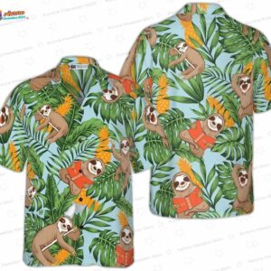 Pineapple Jungle Sloth Hawaiian Shirt, Light Blue Tropical Animal Aloha Button-Up for Vacation Gift
