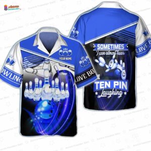 Blue Strike Zone Bowling Hawaiian Shirt, Custom Name Ten Pin Aloha Button-Up for Bowler Gift
