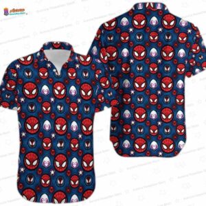 Spider Friends Mask Pattern Spider Man Hawaiian Shirt, Blue Comic Aloha Button-Up for Superhero Fan Vacation Gift
