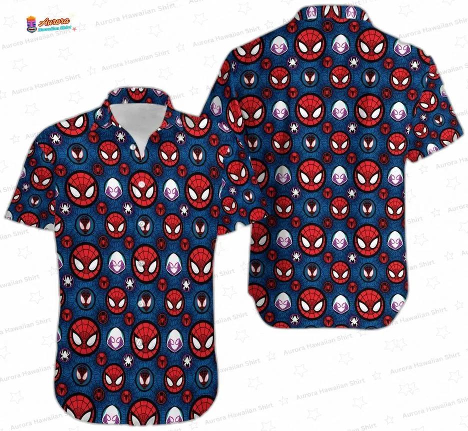 Spider Friends Mask Pattern Spider Man Hawaiian Shirt, Blue Comic Aloha Button-Up for Superhero Fan Vacation Gift Spider Friends Mask Pattern Spider Man Hawaiian Shirt, Blue Comic Aloha Button-Up for Superhero Fan Vacation Gift