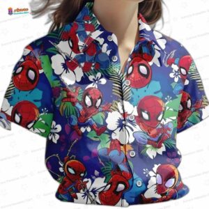 Chibi Floral Spider Man Hawaiian Shirt Tropical Button-Up for Beach Vacation Gift