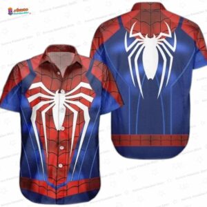 Spider-Man Costume Spider Man Hawaiian Shirt, Red Blue Cosplay Aloha Button-Up for Halloween Vacation Gift
