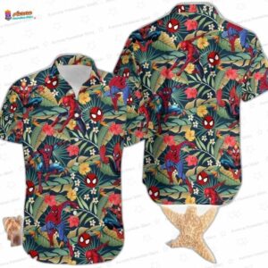 Tropical Spider Man Hawaiian Shirt, Floral Superhero Aloha Button-Up for Summer Vacation Gift