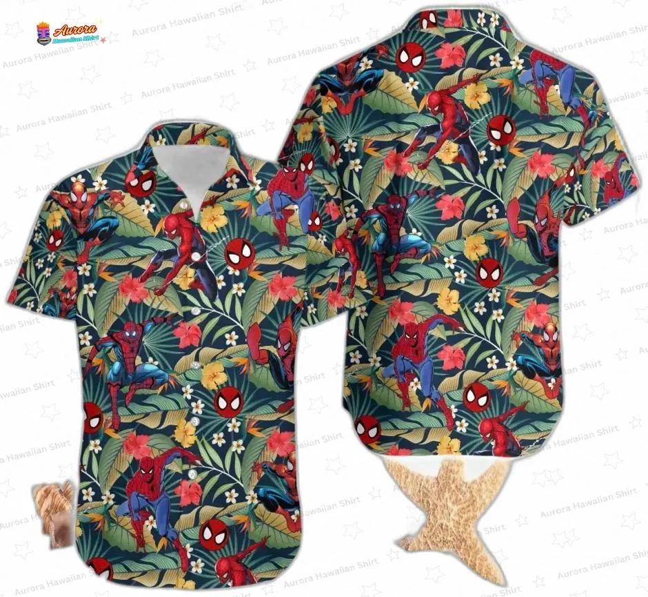 Tropical Spider Man Hawaiian Shirt, Floral Superhero Aloha Button-Up for Summer Vacation Gift Tropical Spider Man Hawaiian Shirt, Floral Superhero Aloha Button-Up for Summer Vacation Gift