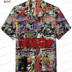 Comic Collage Spider Man Hawaiian Shirt, 3D Superhero Aloha Button-Up for Halloween Vacation Gift
