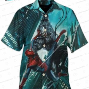 City Battle Spider Man Hawaiian Shirt with Venom Graphic for Comic Fans, Short Sleeve Aloha Button-Up