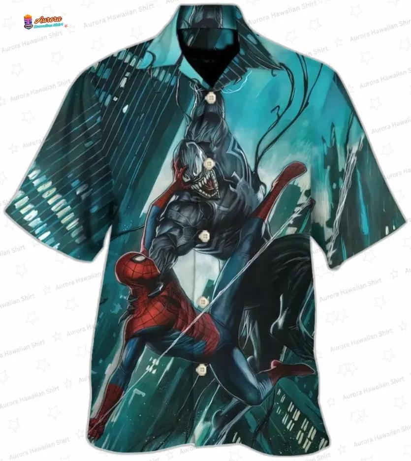 City Battle Spider Man Hawaiian Shirt with Venom Graphic for Comic Fans, Short Sleeve Aloha Button-Up City Battle Spider Man Hawaiian Shirt with Venom Graphic for Comic Fans, Short Sleeve Aloha Button-Up