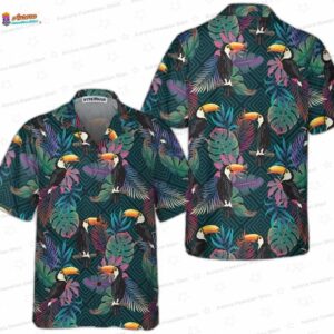 Summer Exotic Toucan Bird Hawaiian Shirt, Dark Tropical Leaf Aloha Button-Up for Vacation Gift