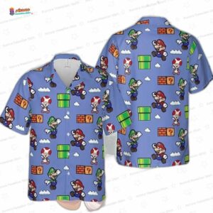 Blue Super Mario Hawaiian Shirt with Cartoon Game Icons for Beach Trips