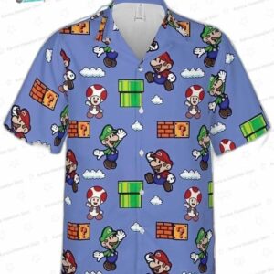 Super Mario Blue Hawaiian Shirt Cartoon Game Summer Beach Shirt for Men Women 2