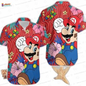Red Floral Mario Hawaiian Shirt for Birthday Gamer Gifts and Family Vacation
