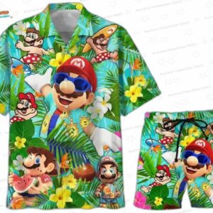 Jungle Mario Hawaiian Shirt and Shorts Set for Gamer Beach Vacations