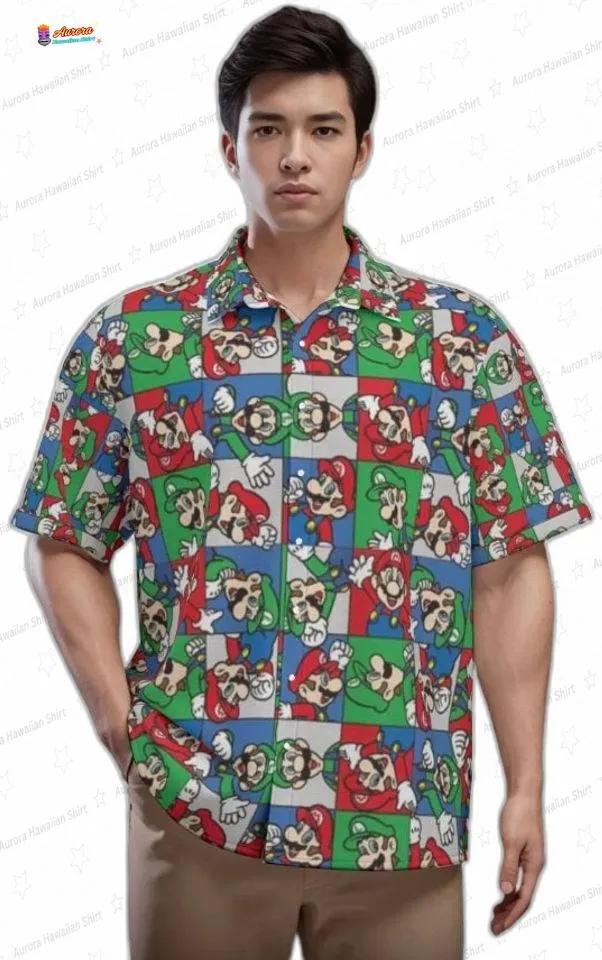 Color Block Mario Hawaiian Shirt for Men, Summer Outfit Color Block Mario Hawaiian Shirt for Men, Summer Outfit