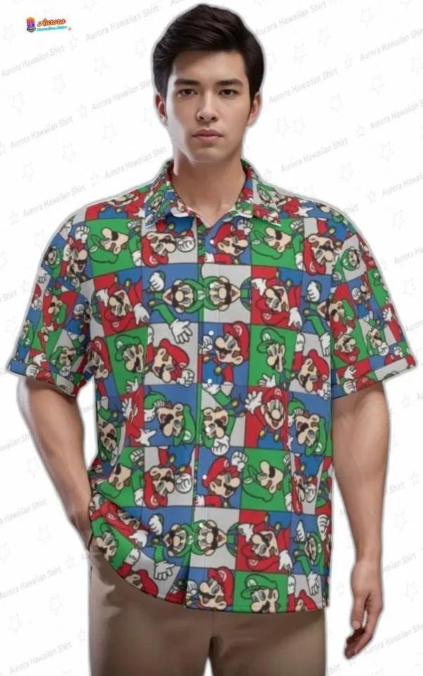 Color Block Mario Hawaiian Shirt for Men, Summer Outfit Color Block Mario Hawaiian Shirt for Men, Summer Outfit