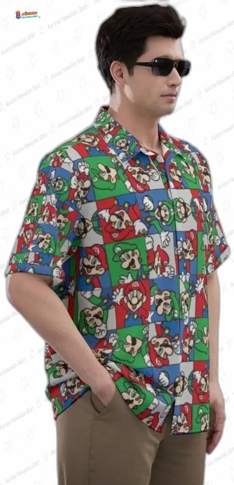 Color Block Mario Hawaiian Shirt for Men, Summer Outfit Color Block Mario Hawaiian Shirt for Men, Summer Outfit