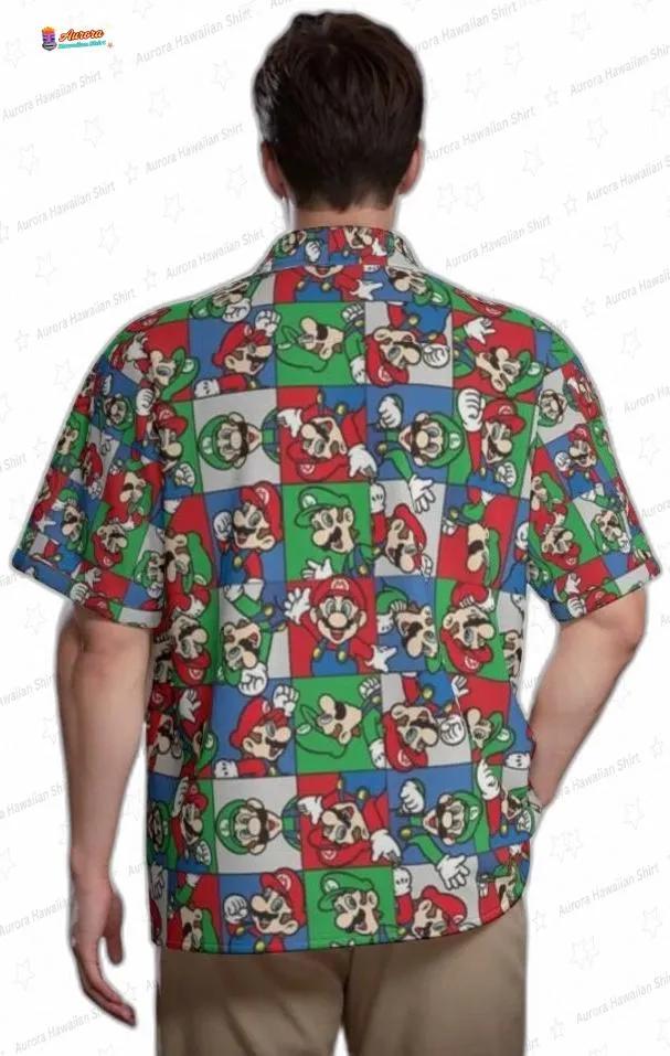 Color Block Mario Hawaiian Shirt for Men, Summer Outfit Color Block Mario Hawaiian Shirt for Men, Summer Outfit