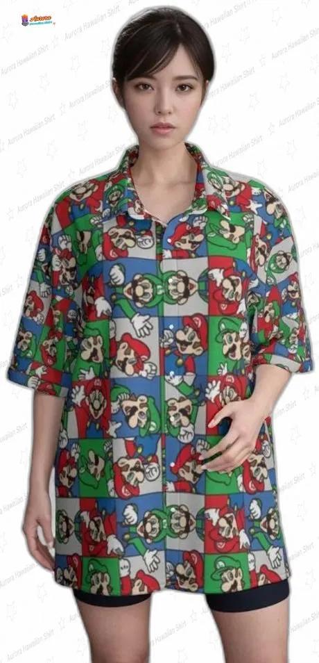 Color Block Mario Hawaiian Shirt for Men, Summer Outfit Color Block Mario Hawaiian Shirt for Men, Summer Outfit